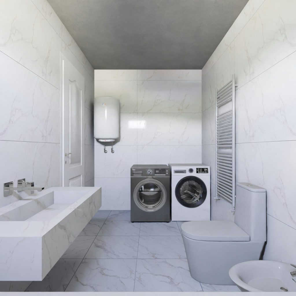 Salle de bains élégante avec lave-linge et sèche-linge, mettant en valeur un design minimaliste en marbre.